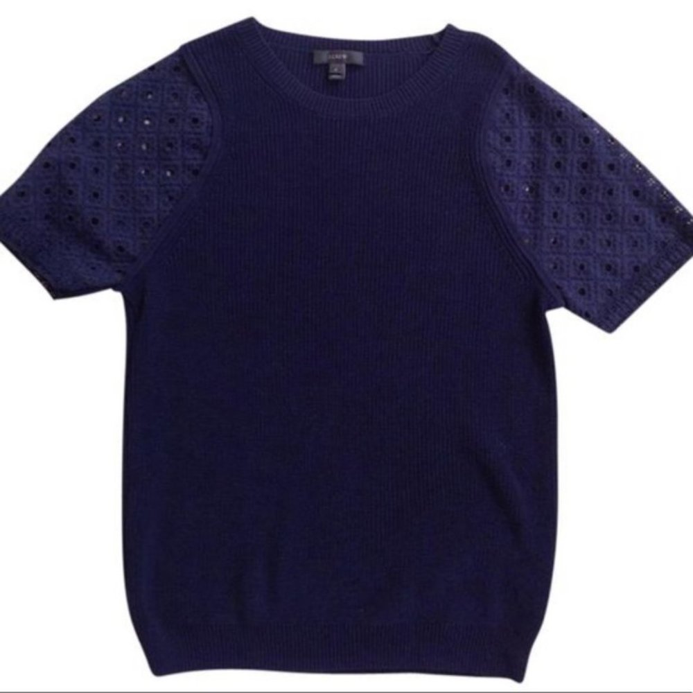 J.CREW Women's Eyelet Lace Sleeve Cotton Knit Navy Short Sleeve Sweater Small